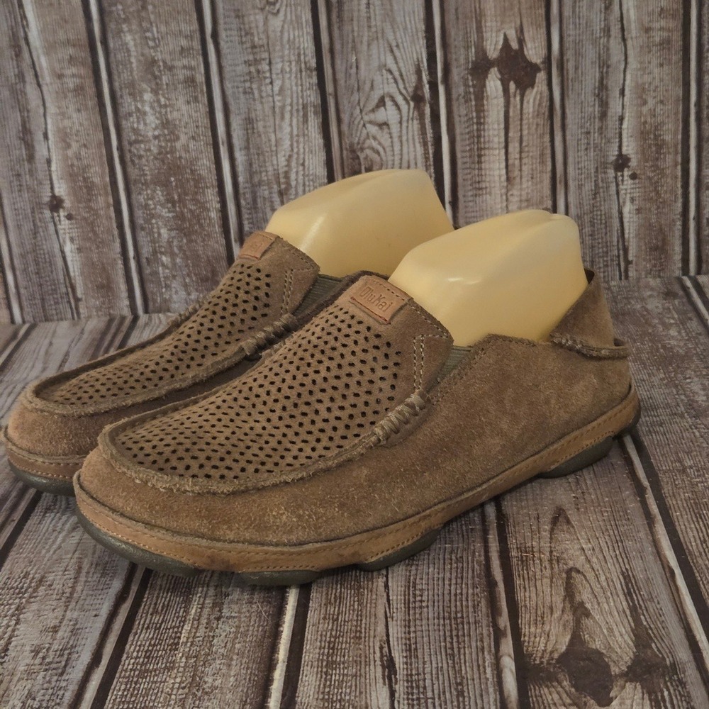 Sz 7 Mens OluKai Moloa Kahana Brown Perforated Suede Slip On Loafers Shoes VGUC